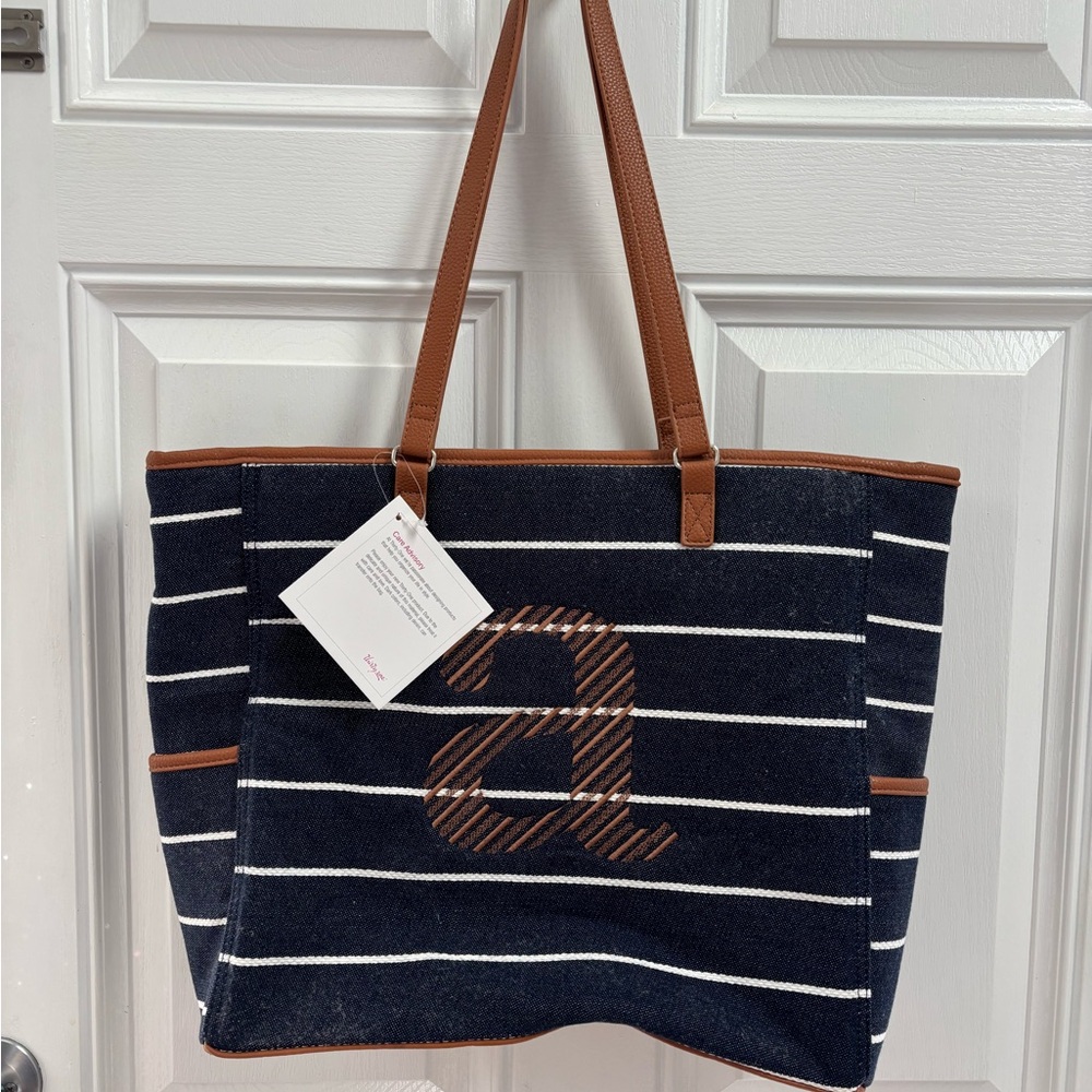 ThirtyOne Cindy Tote Striped Navy Tote Bag with Brown “A” monogram